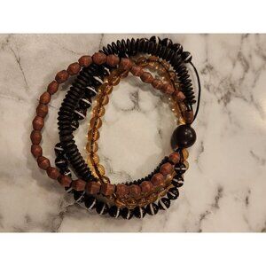 Beaded Bracelet Set With Black Amber & Brown Beads 4 Stretchable Strands